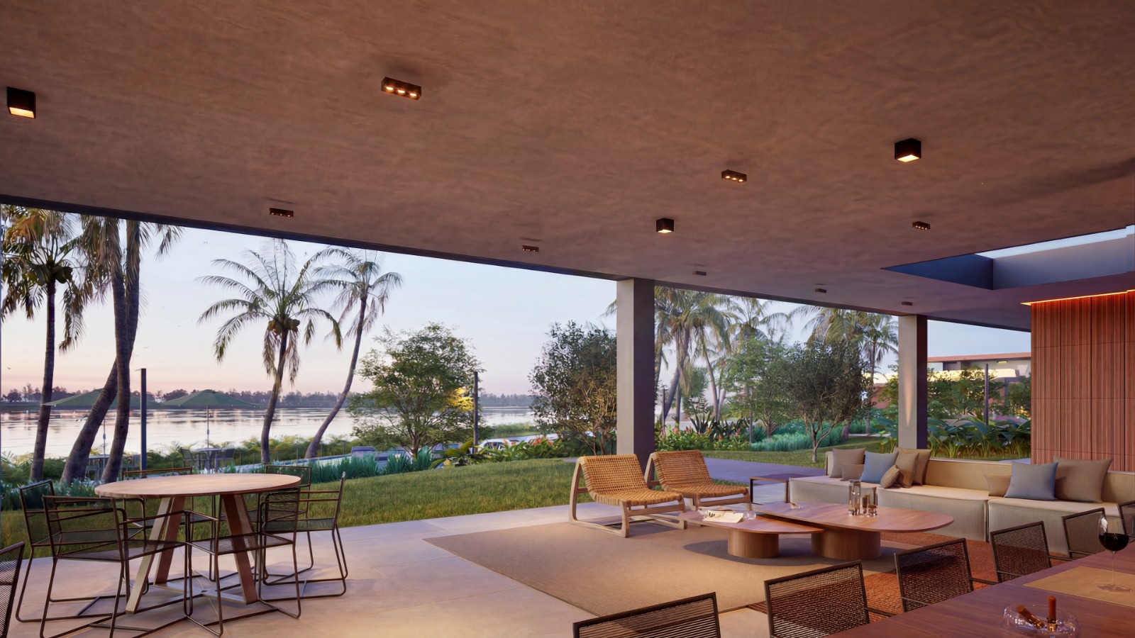 Área gourmet com vista panorâmica para a lagoa
